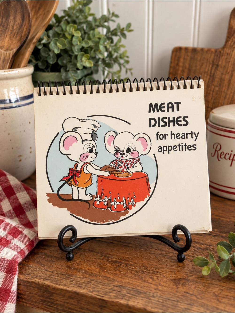 Meat Dishes Recipe Stand - Cream and Red Vintage Illustration